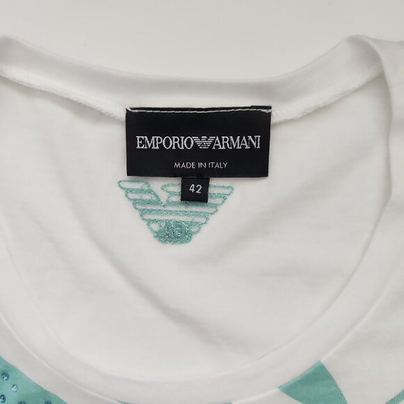 Emporio Armani made Italy 42 / S White Crystal palm leaf print women's t-shirt - Picture 7 of 14